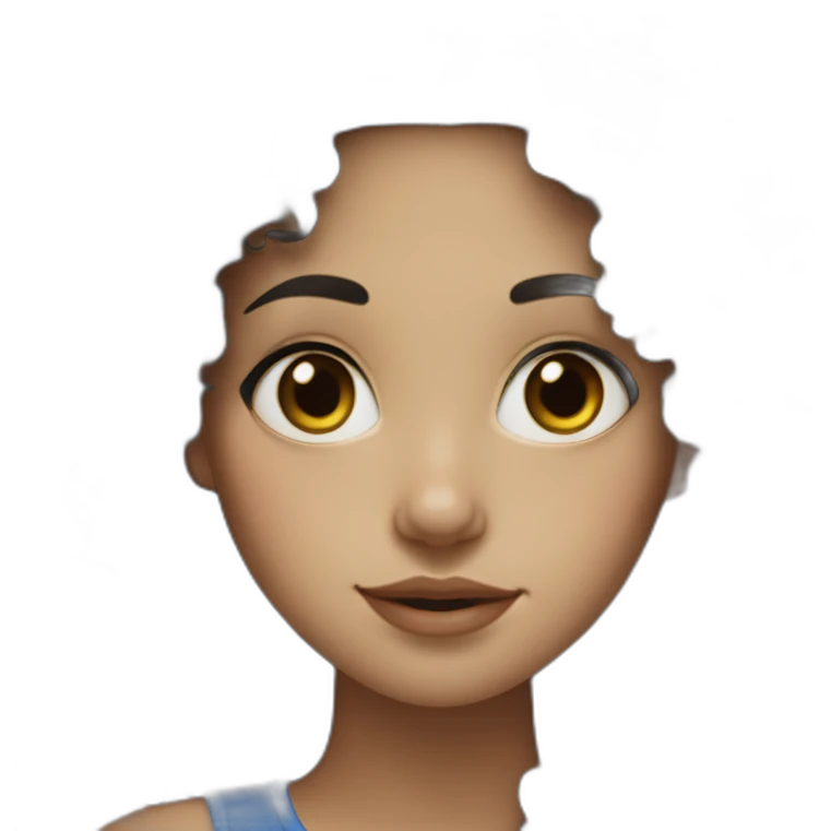Women, white skin, round face, long black curly hair, blue eye, freckles emoji