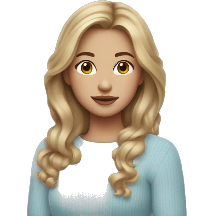 Brown haired girl, with blonde highlighted hair, light skin tone, plump lips, light blue sweater  emoji