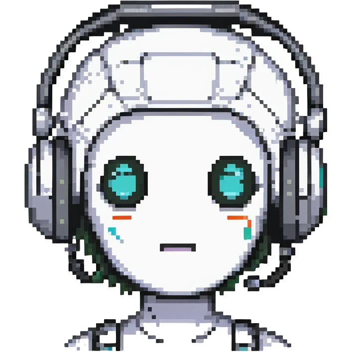 pixel art icon of a cute female robot face, black and white, rounded square face, two circular eyes, three-dot mouth, headphone sides, small bow on top, soft rounded features, pixel hair, minimalist, retro emoji