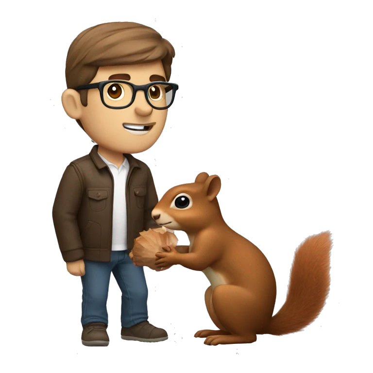 A Man with Brown hair, with a glasses and fair skin feeds a squirrel  emoji