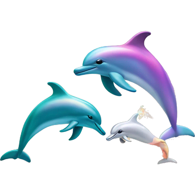 Dolphins and unicorns jumping over water with sunset emoji