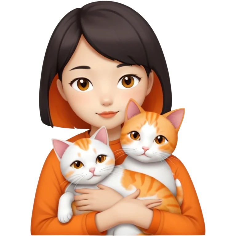Oriental Asian girl with short bob haircut snuggling with an orange and white cat, cat is mostly white with orange patches, the girl is holding the cat lovingly emoji