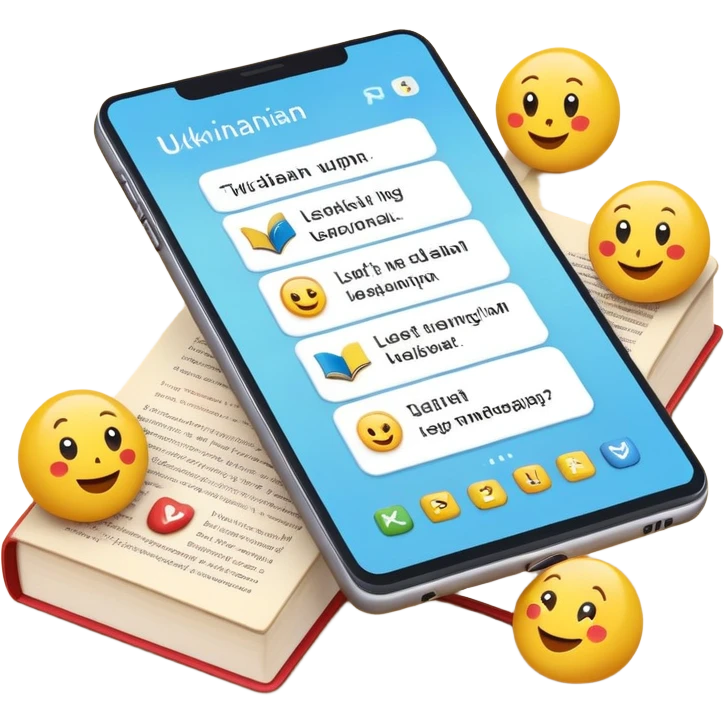 A modern app interface for learning Ukrainian with vibrant emoji icons representing reading, learning, and exploring. The screen shows a phone or tablet with books and Ukrainian symbols, accompanied by emojis like 📖 (book), 🎧 (audio), 🧠 (learning), 🌍 (exploring), and 💬 (discussion). The background is clean and minimalistic, with soft colors and subtle cultural Ukrainian elements like embroidery or folk patterns. The scene conveys a sense of engagement, community, and fun learning experience emoji
