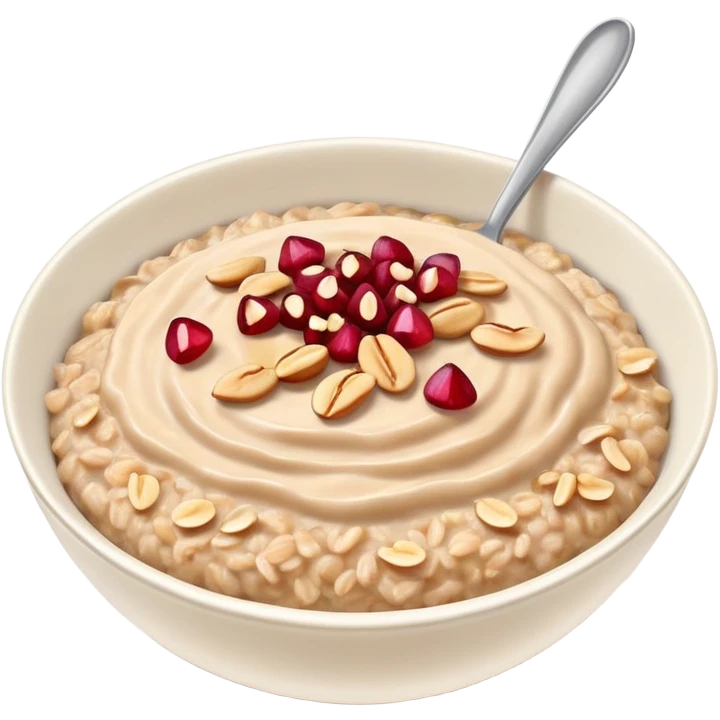 bowl of oatmeal with peanut butter, coconut flakes and pomegranate seeds emoji