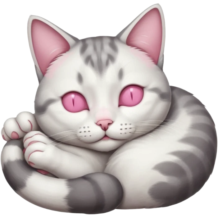grey and white small cat with eyes closed lying down upside down with its head resting on its curled paw emoji