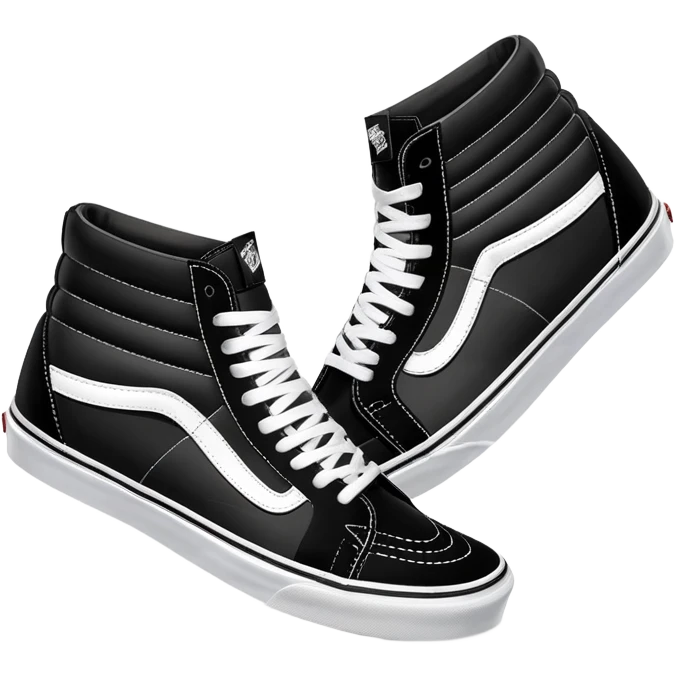 Black Vans Sk8-Hi high top shoes arranged as a pair with one slightly behind the other, classic black with white jazz stripe and white sole emoji