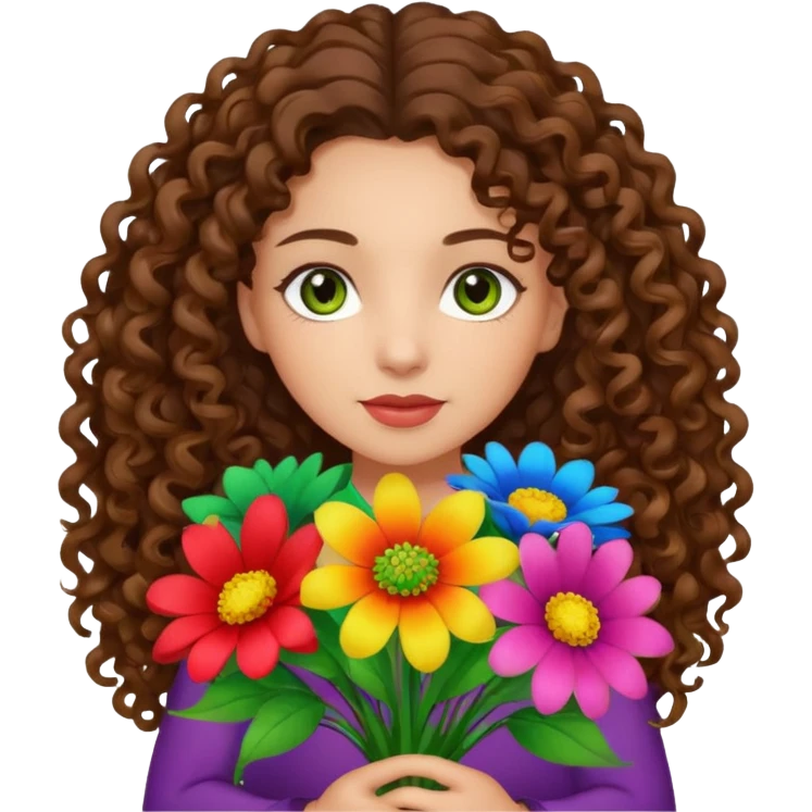 light skinned brunette long curly haired girl with green/hazel eyes holding big bright bunch of flowers. White background. emoji