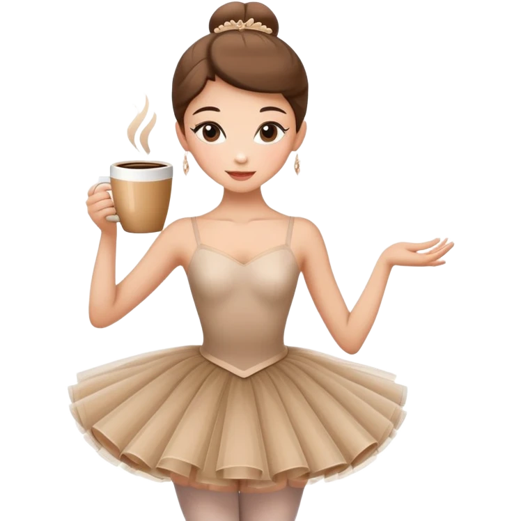 Elegant ballerina in a cappuccino-colored tutu, posing gracefully with a coffee cup emoji