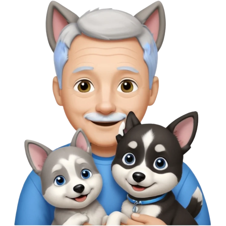 A 60 year old man with blue eyes and short light gray hair and slightly big ears, holding a black and white husky dog with floppy ears and white tuft eyebrows, both smiling emoji