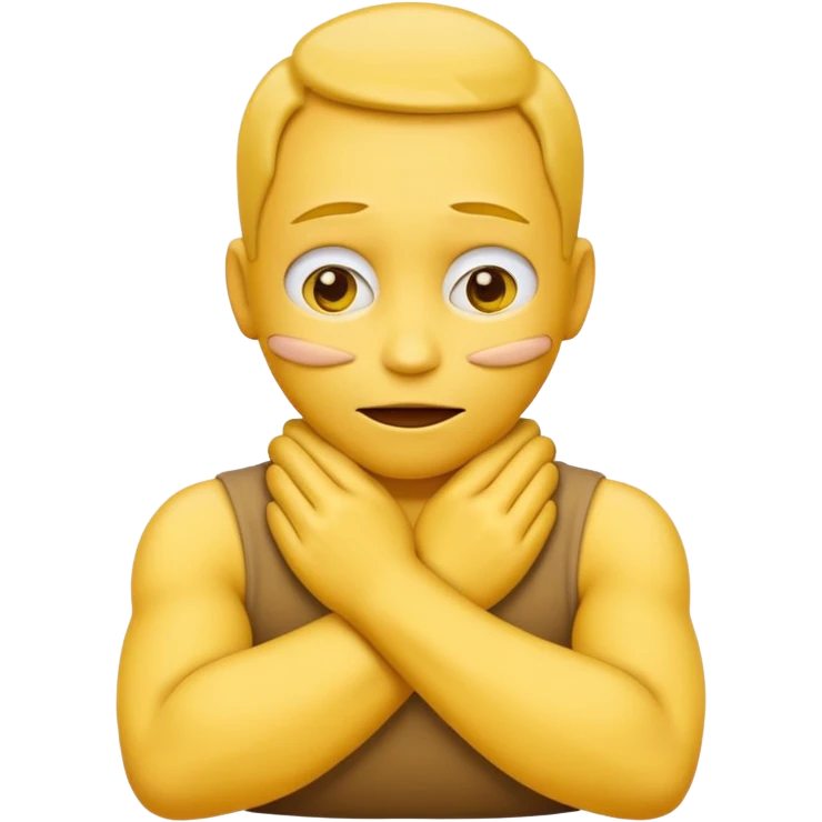 Yellow face emoji strangling itself with 2 arms crossed and hands saround neck emoji