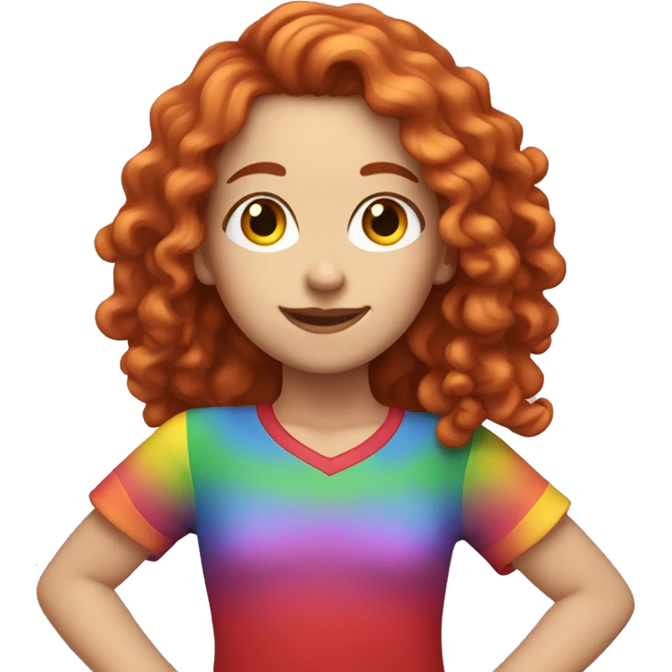 white girl with long red curly hair, wearing a rainbow shirt doing a pose emoji