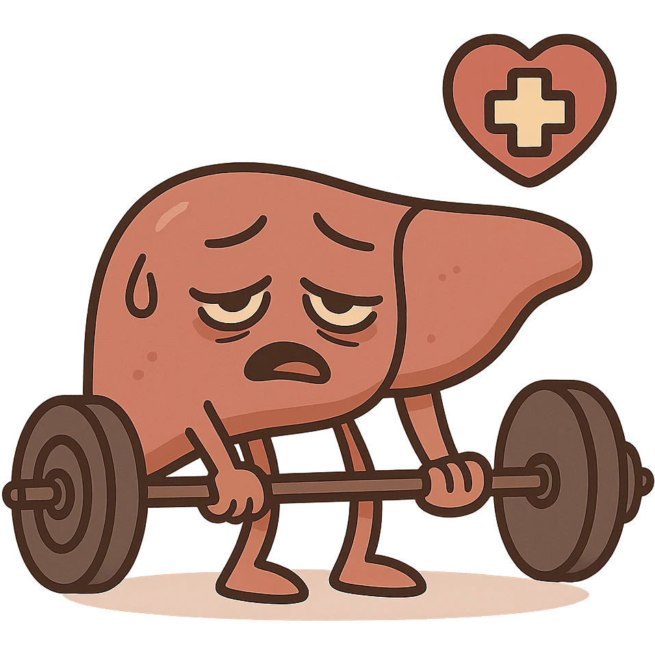 cartoon liver character with heavy weights, tired face, healthcare icon, soft red and brown palette emoji
