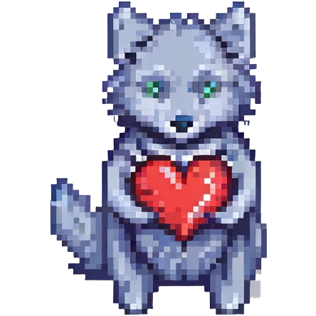 black and red wolf holding a heart pixel art emoji