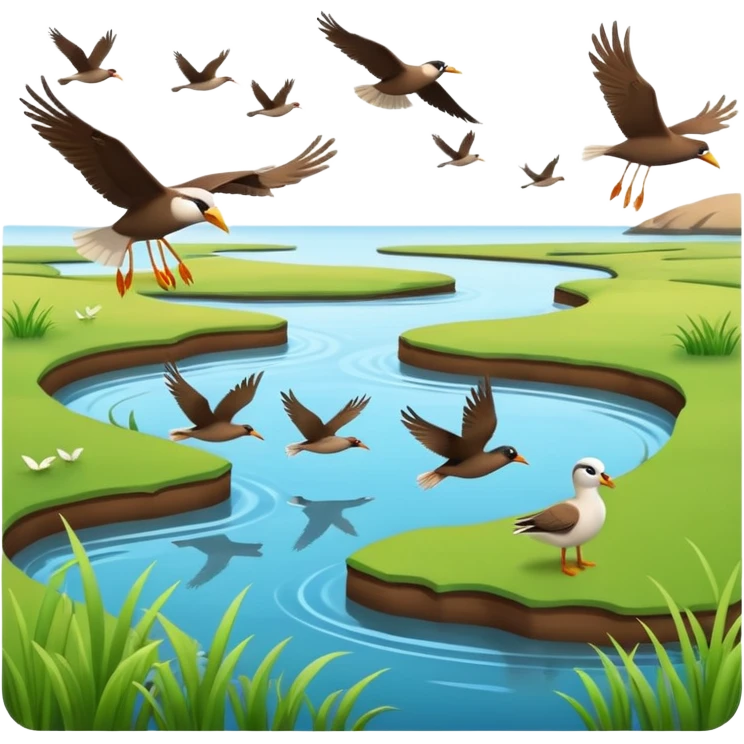 A 3D cartoon estuary with birds flying over shallow water and grassy banks, calm mood, Memoji-style realism. emoji