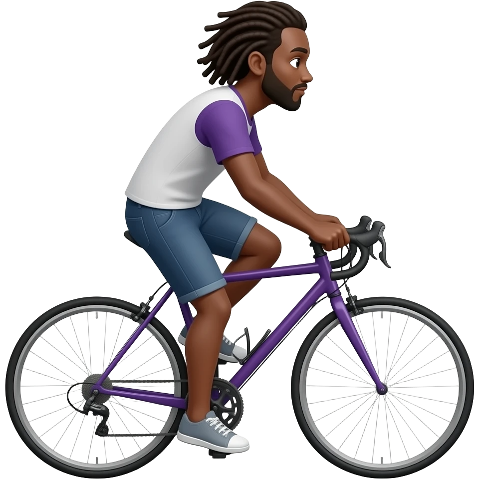 man with dreads riding bicycle on eggplant emoji