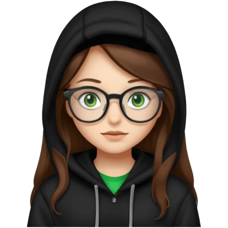 Girl with long brown hair, green eyes, glasses and a black hoodie on emoji
