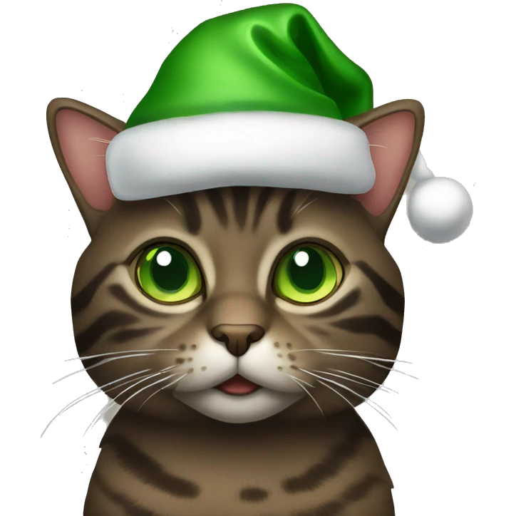 Dark brown tabby cat with green eyes wearing Christmas hat emoji