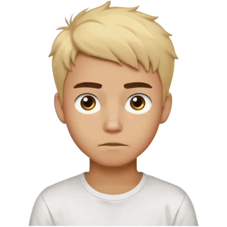 Short buzz, messy blonde hair. Dark brown bushy eyebrows large expressive golden-brown eyes, wearing a plain white t-shirt. Male Teenager. light Dark Brown skin color.  emoji