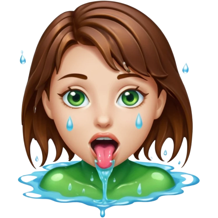 Girl with brown hair, blue eyes, a wet slimy face and her tongue out. Slimy water on her face, hair and tongue. emoji