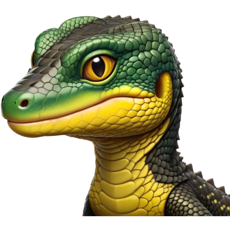 cinematic-realistic-cute-monitor-lizard-portrait-emoji,-head-tilted-playfully-and-inquisitively,-featuring-a-compact,-agile-body-with-finely-detailed,-glossy-scales-in-earthy-black and yellow-hues-and-a-distinct,-alert-face-with-bright,-curious-eyes, black , yellow spotted and green band  scales and a slender neck emoji