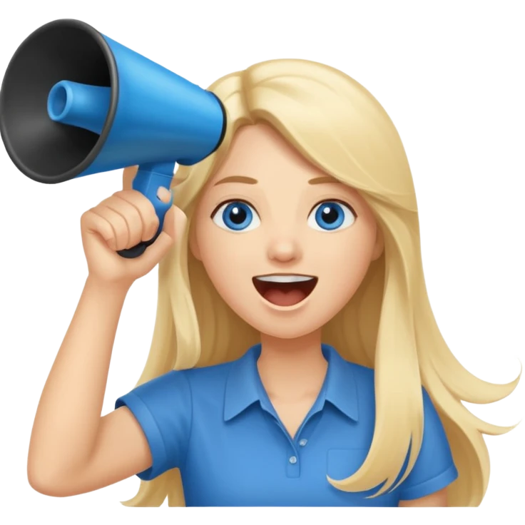 blue eyes blonde girl yelling into megaphone saying timeout long hair smiling emoji