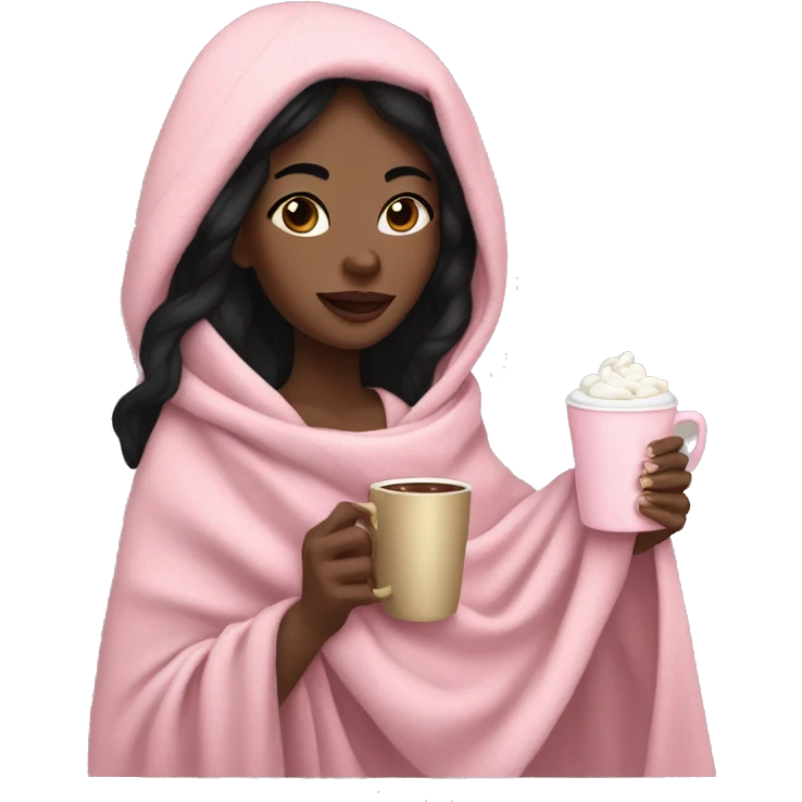Lightkskin woman  with black hair, in pink blanket drinking hot cocoa  emoji