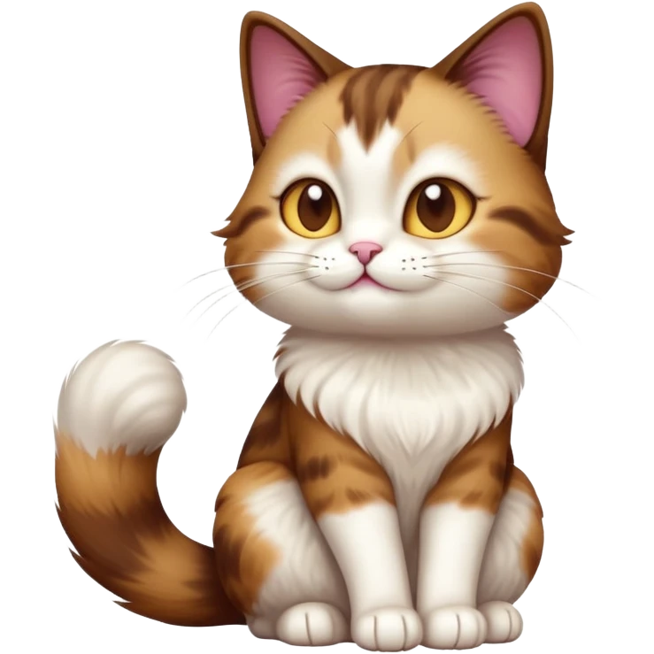 cinematic-[showshoe cat]-realistic-full-body-sitting-emoji,-tail-curled-playfully-around-its-paws,-head-tilted-dramatically,-fluffy-[brown and white]-fur,-simplified-yet-realistic-focused-features,-highly-detailed,-glowing-with-an-almost-sarcastic-glow emoji