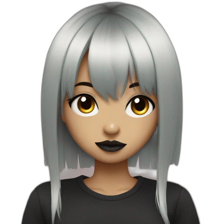 Emo girl with black strait hair with bangs and piercings on her septum and middle lip emoji