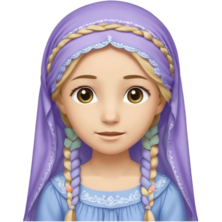 
mujer, Joven, de aspecto dulce y elegante.
Piel clara, ojos grandes y expresivos, sonrisa triste.
Rubio o castaño claro, largo, con trenzas o velo.
Vestido largo de tonos suaves (blanco, azul o lavanda), con bordados dorados; toca fina cubriendo la cabeza. cuerpo entero
 emoji