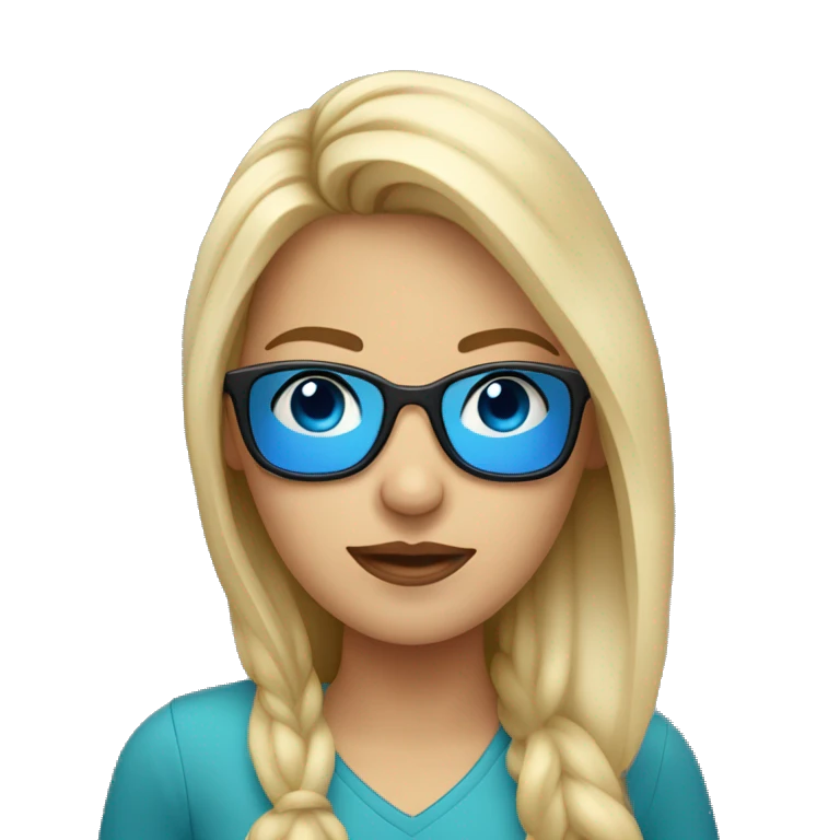 mujer rubia con pelo largo y ojos azules con gafas emoji