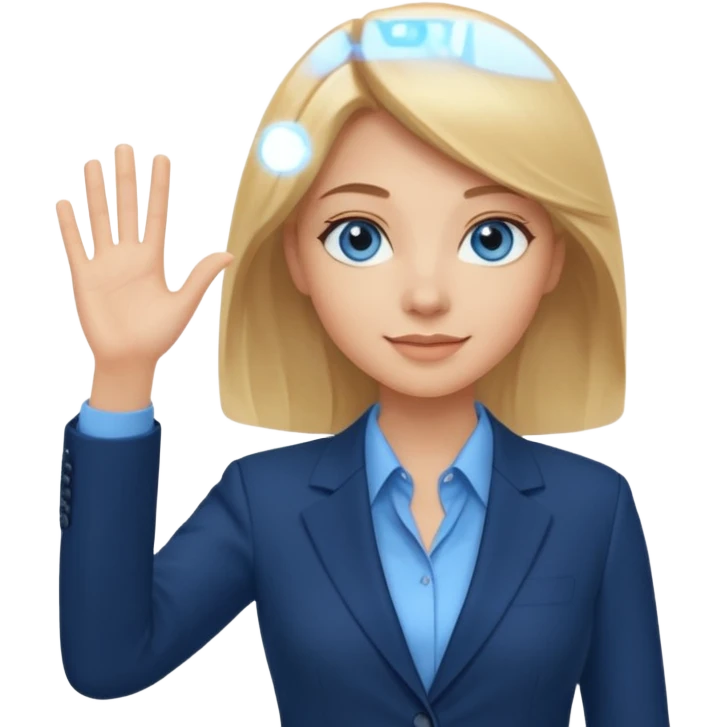 Make emoji of business woman with light skin and medium blonde hair in a dark blue business suit and light blue shirt waiving to new clients.  Woman should have sparkling blue eyes. emoji