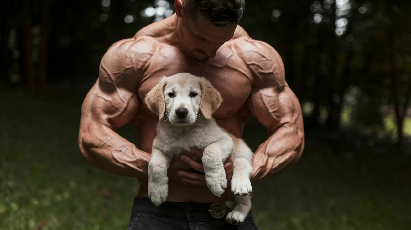 Photo of a musculated man holding puppy golden retriver, low key light emoji