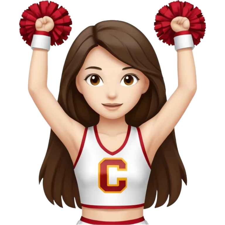 skinny white happy long haired brunette girl in a white USC cheerleader outfit with the letters USC emoji