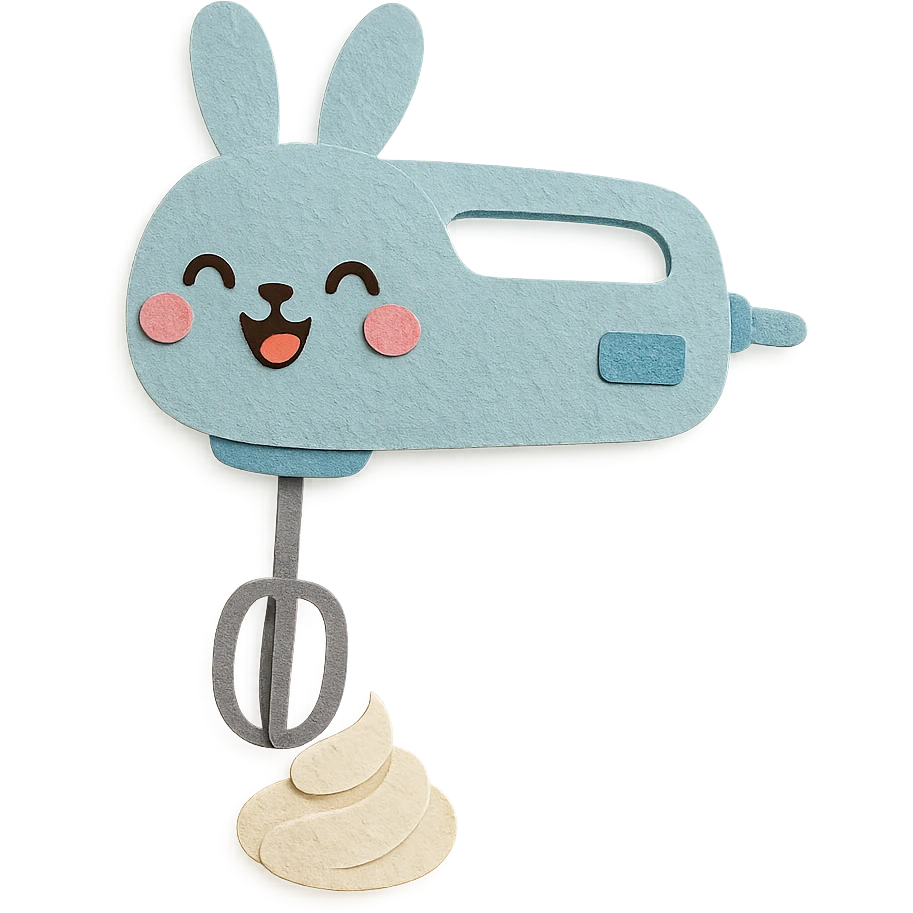 cute rabbit-shaped hand mixer, spinning cream, joyful face, soft pastel blue, full-body emoji
