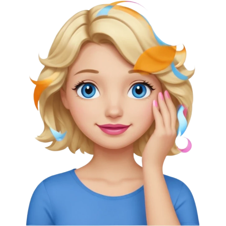 Girl Blonde short wavy hair,  blue eyes, cute blue top, long lashes, pink lips, smiling, 🤦🏻‍♀️ emoji