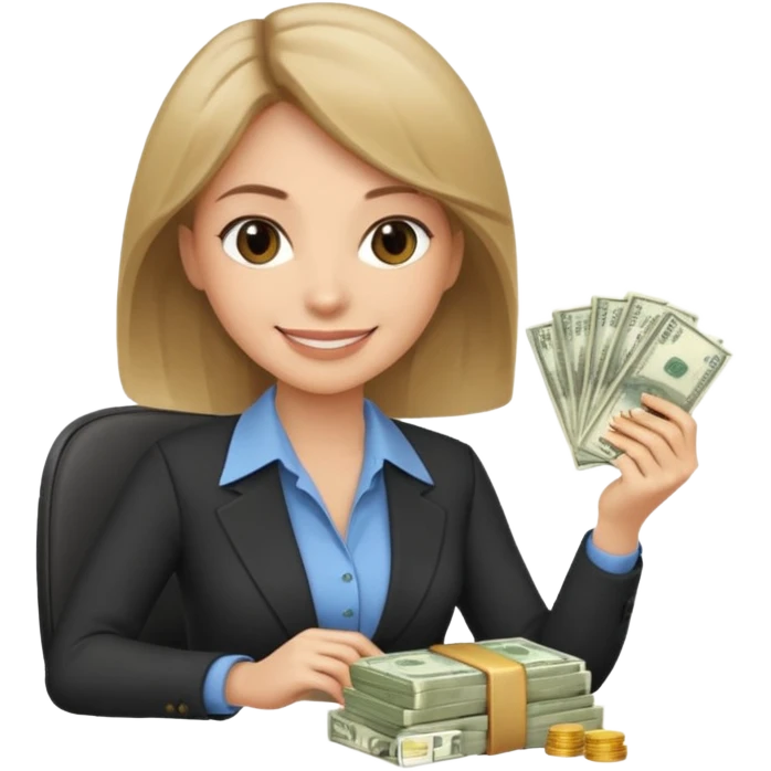 Девушка с темно русыми волосами которая начальник и она сидит красиво и счастлива с деньгами в руках emoji