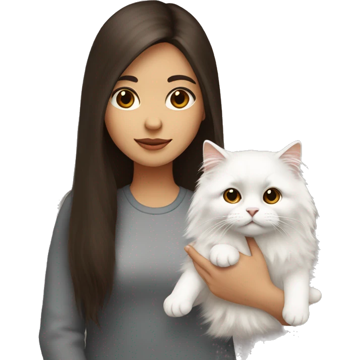 Dark brown straight hair girl with holding fluffy Siberian white cat  emoji