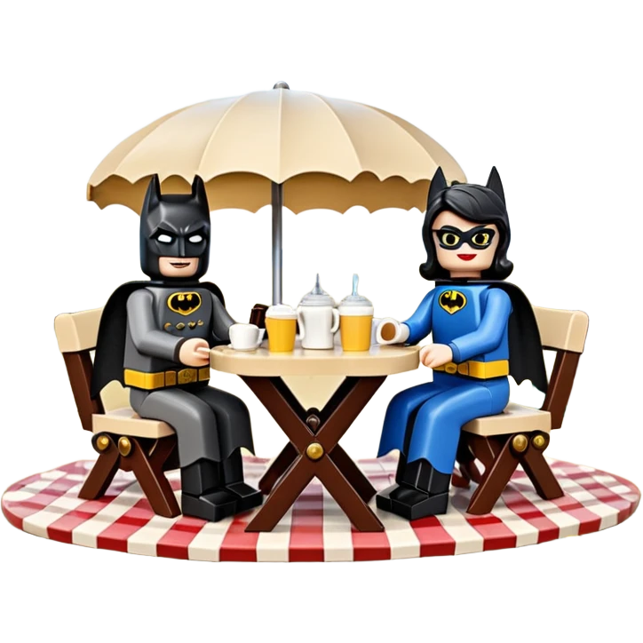  Ultra cute  Lego detailed 1854 Batman and pretty Catwoman dream horse drawn Caravan with picnic table and folding chairs alone at romantic afternoon (hot chocolate and cheeseburgers on the grill) emoji