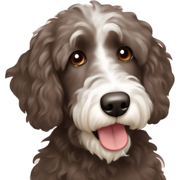 dark brown aussiedoodle with white hair around mouth and chest with liver colored nose  emoji