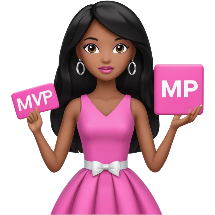 Black barbie, long black  hair, pink dress holding mvp sign  emoji