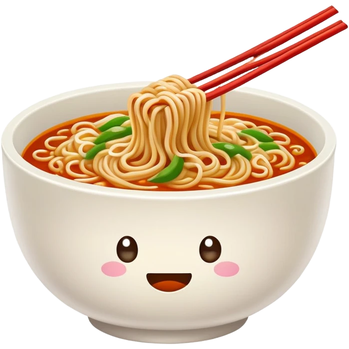 Wuhan hot dry noodles with sesame paste, simplified emoji style with bold outlines and bright colors, cartoon style Chinese noodle bowl emoji
