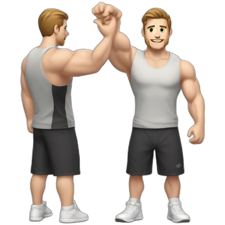 Close up Actively gesturing  with hands Pale skinned Fit Man With the biceps and brown hair in dark gray Sleeveless Mike, black oversize sports shorts, watch and white Sneakers emoji