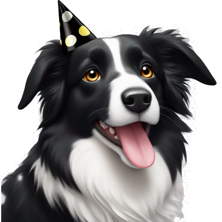 A black and white Border Collie with black spots wearing a party hat.   emoji