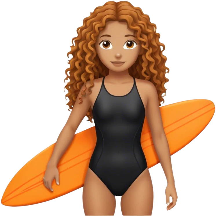 Surfer girl with black swimsuit and orange surfboard and long curly hair emoji