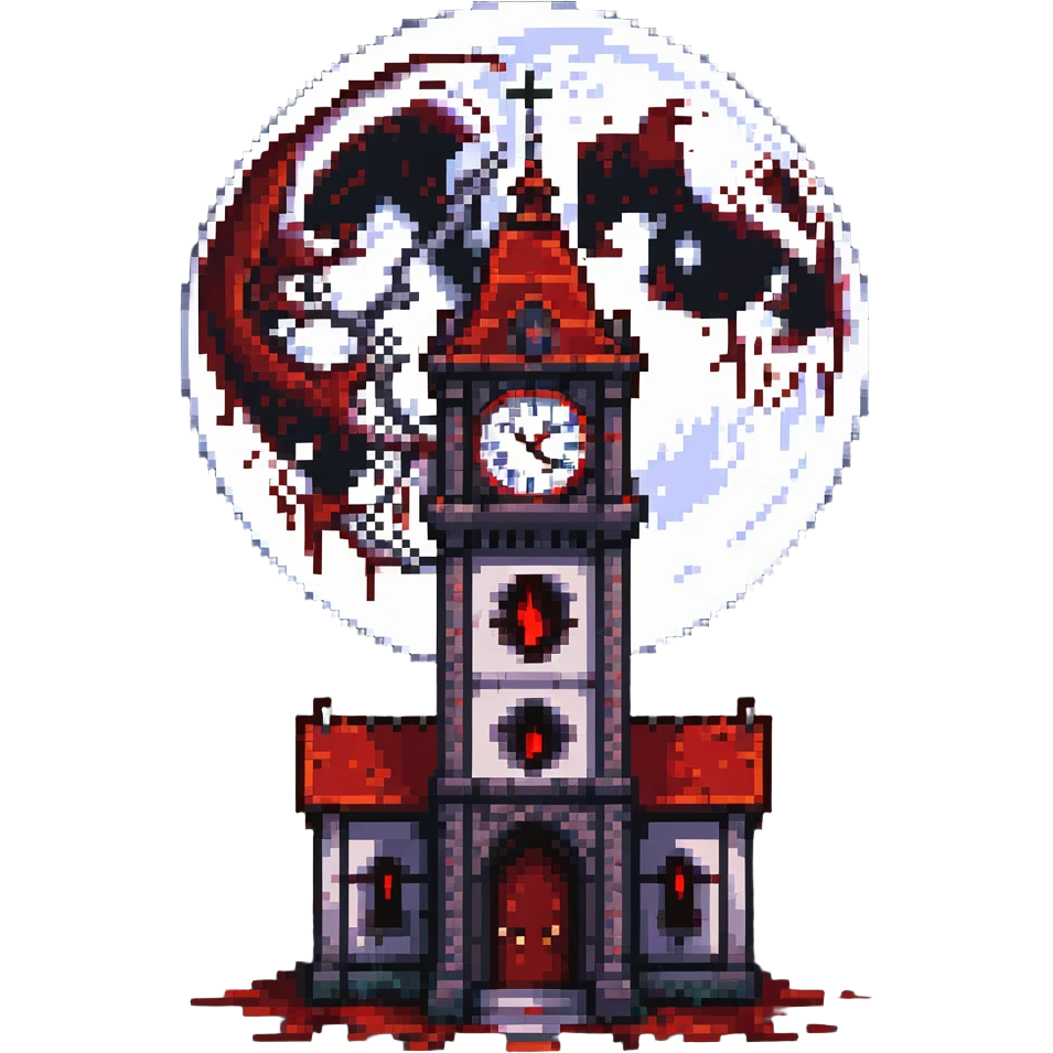 Haunted clocktower with red blood splattered on it, full moon background emoji