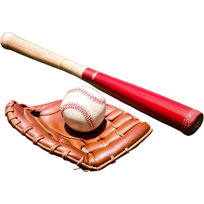 A baseball bat, ball, and glove placed on the grass of a baseball field, with the diamond and base lines clearly visible in the background. The scene captures the essence of the sport, with the equipment ready for action on the neatly marked field. emoji