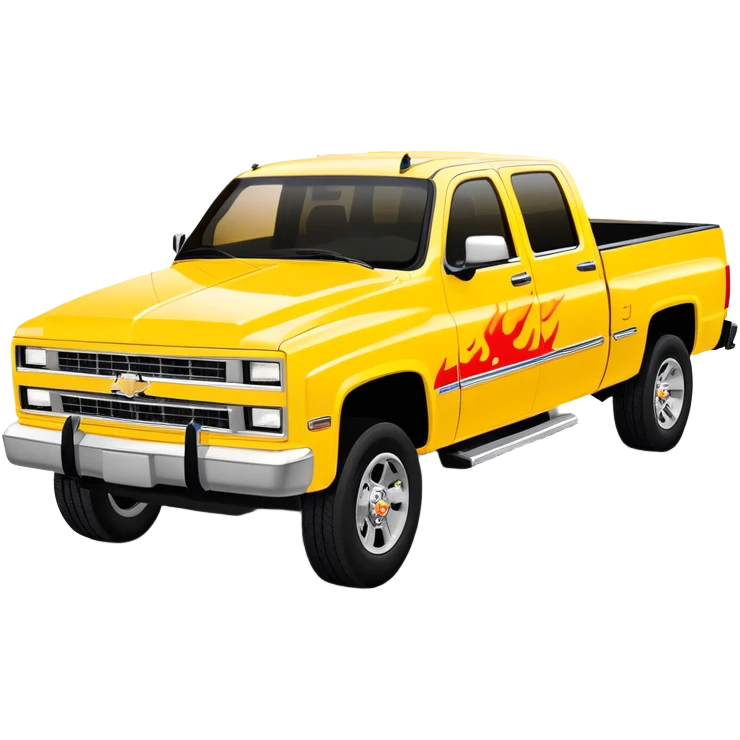 Yellow Chevrolet C-2500 Crew Cab with movie-accurate red flame vinyl graphic on the hood, exactly like the Kill Bill 'Pussy Wagon', 30-degree view, iOS emoji style emoji