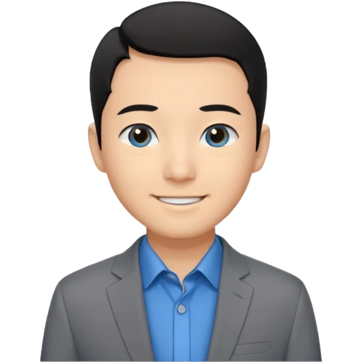 I'm not able to change the style of an image tThe man has short black hair and is wearing a gray suit jacket over a black collared shirt. He is standing in front of a white wall. The man's facial expression is smiling and he has asian type blue eyes. emoji