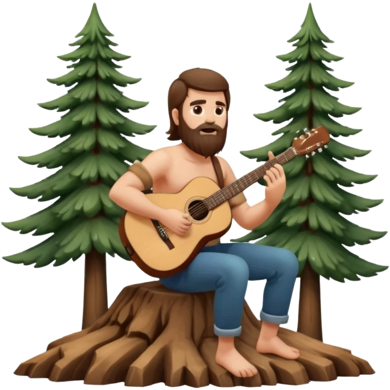 nude from behind character, bearded man with long brown hair playing acoustic guitar by pine trees emoji