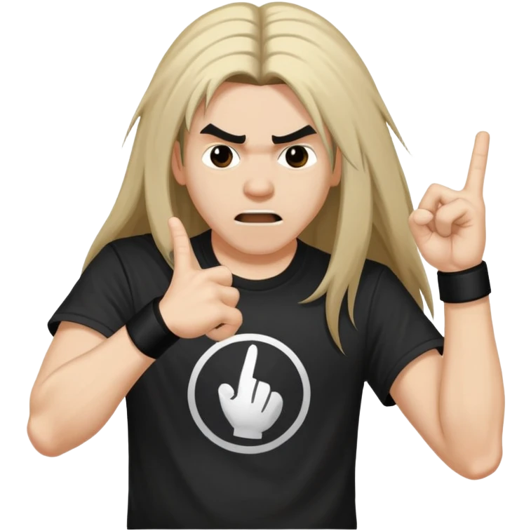 A person headbanging with long hair, wearing a black band t-shirt, making rock hand gesture emoji